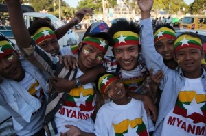 BEFORE: Burmese fans in a festive mood ahead of the match.